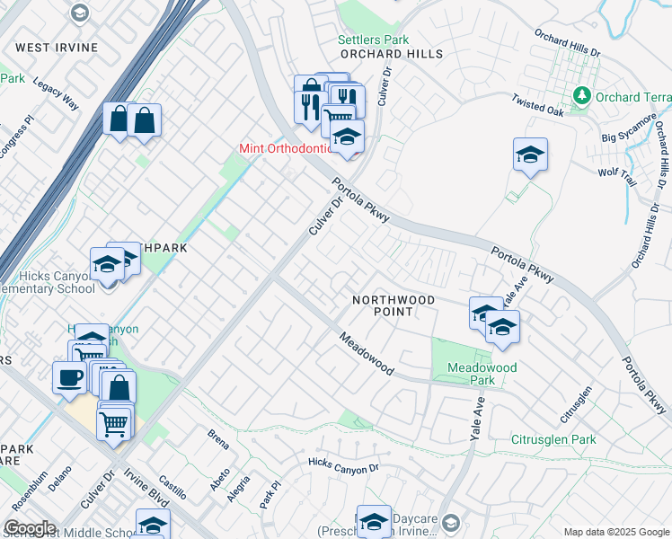 map of restaurants, bars, coffee shops, grocery stores, and more near 115 Shadywood in Irvine