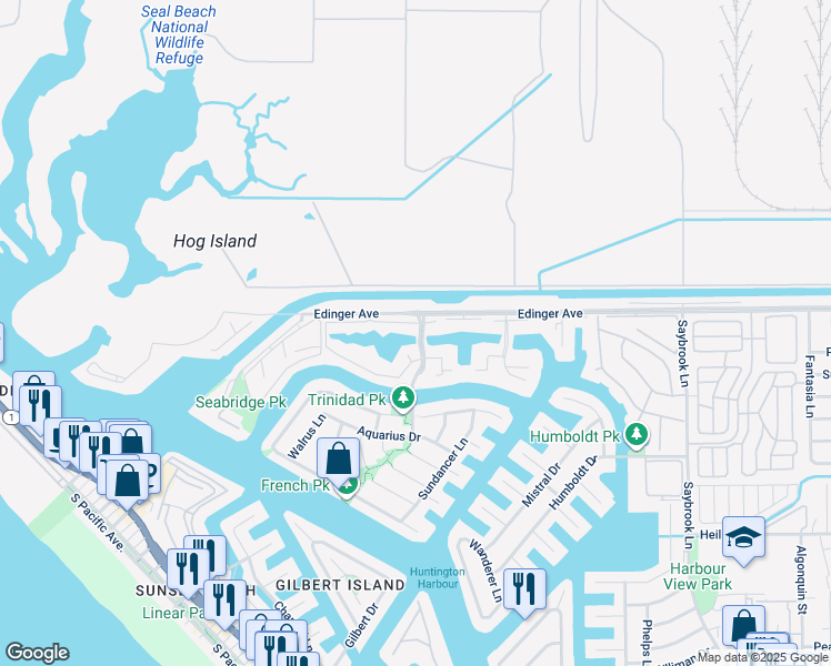map of restaurants, bars, coffee shops, grocery stores, and more near 3636 Bravata Drive in Huntington Beach