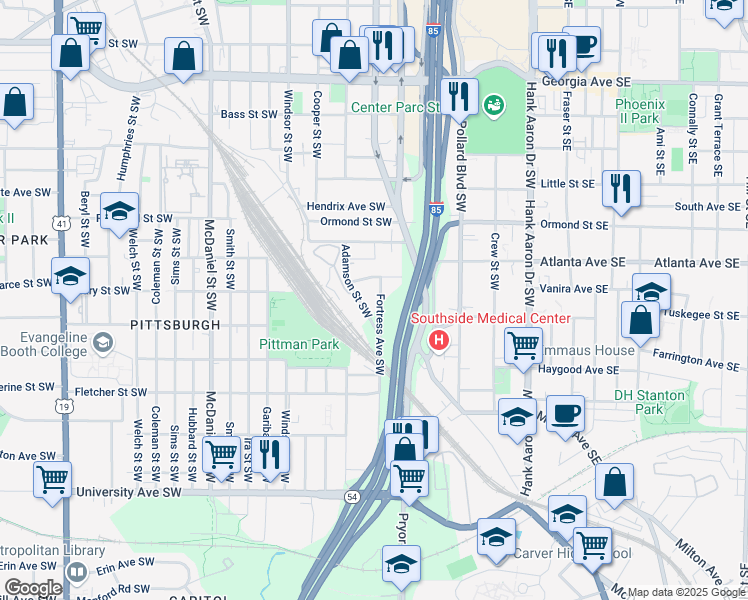 map of restaurants, bars, coffee shops, grocery stores, and more near 943 Fortress Ave SW in Atlanta