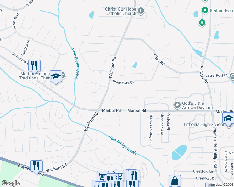 map of restaurants, bars, coffee shops, grocery stores, and more near 2047 Wellborn Close in Lithonia