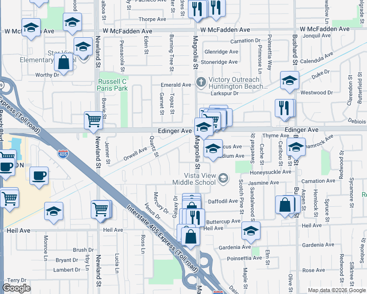map of restaurants, bars, coffee shops, grocery stores, and more near 16092 Osborne Street in Westminster