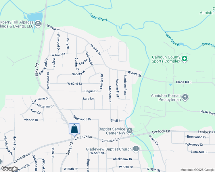 map of restaurants, bars, coffee shops, grocery stores, and more near 6111 Chartee Drive in Anniston