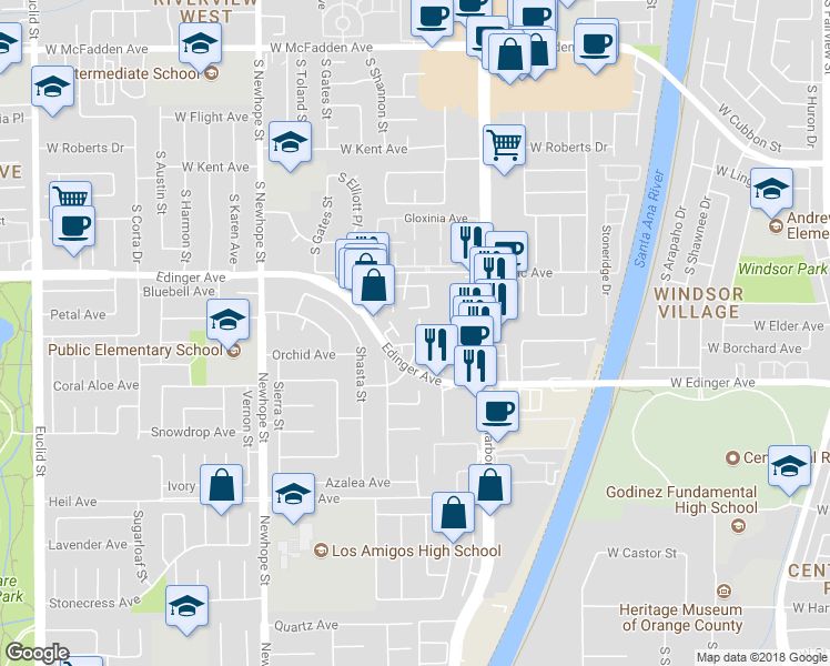 map of restaurants, bars, coffee shops, grocery stores, and more near 16131 Mount Kenya Court in Fountain Valley