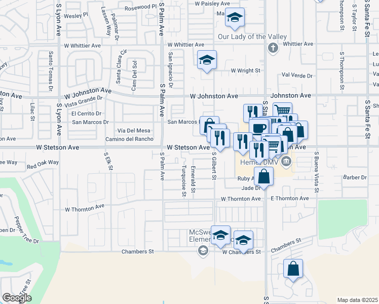 map of restaurants, bars, coffee shops, grocery stores, and more near 695 West Stetson Avenue in Hemet