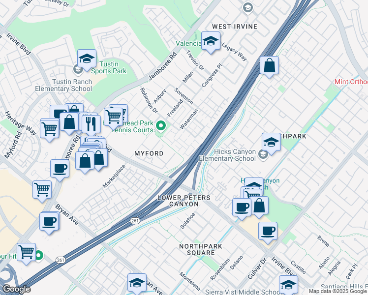 map of restaurants, bars, coffee shops, grocery stores, and more near 16 Starwood in Irvine