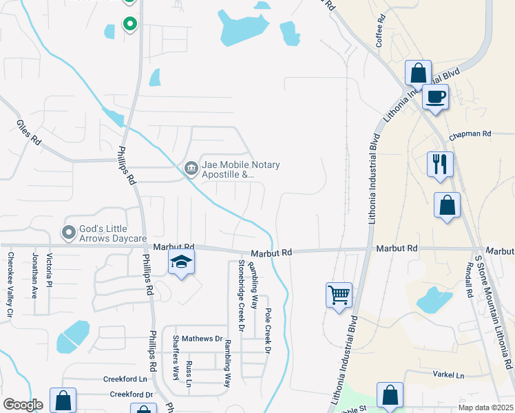 map of restaurants, bars, coffee shops, grocery stores, and more near 6521 Charter Way in Lithonia
