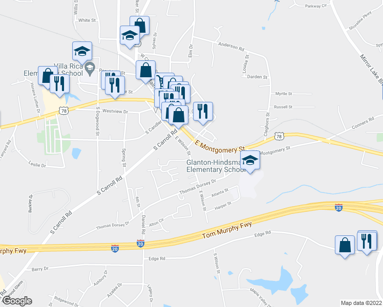 map of restaurants, bars, coffee shops, grocery stores, and more near 206 East Wilson Street in Villa Rica