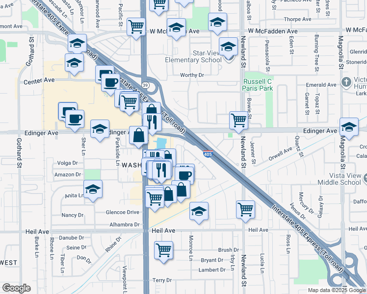 map of restaurants, bars, coffee shops, grocery stores, and more near 8211 San Angelo Drive in Huntington Beach