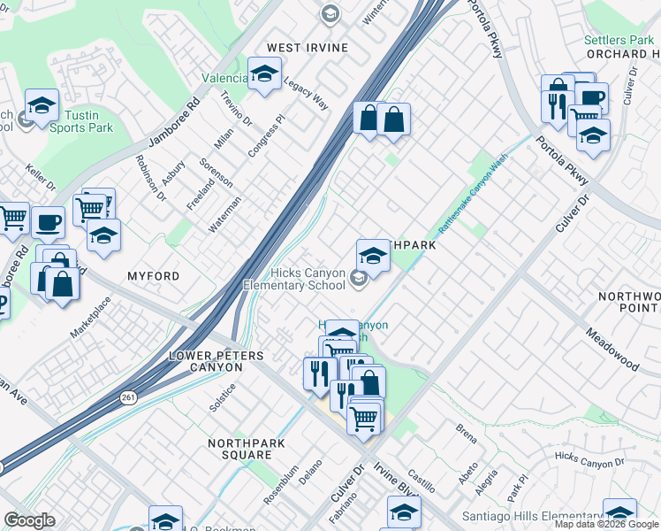 map of restaurants, bars, coffee shops, grocery stores, and more near 407 Terra Bella in Irvine