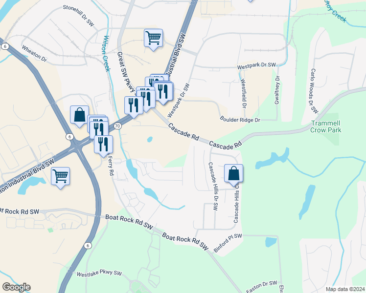 map of restaurants, bars, coffee shops, grocery stores, and more near 5400 Cascade Road in Atlanta