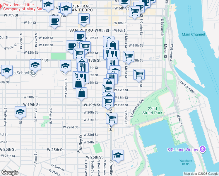 map of restaurants, bars, coffee shops, grocery stores, and more near 1631 South Pacific Avenue in Los Angeles