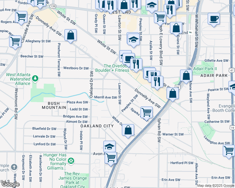 map of restaurants, bars, coffee shops, grocery stores, and more near 951 Lawton Street Southwest in Atlanta