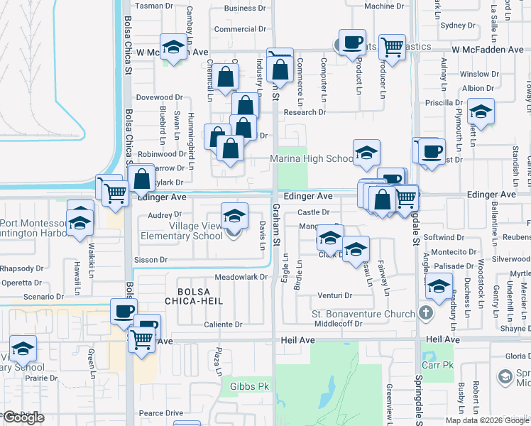map of restaurants, bars, coffee shops, grocery stores, and more near 16052 Davis Lane in Huntington Beach