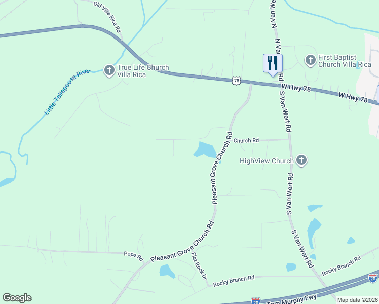map of restaurants, bars, coffee shops, grocery stores, and more near 1109 Pleasant Grove Church Road in Villa Rica