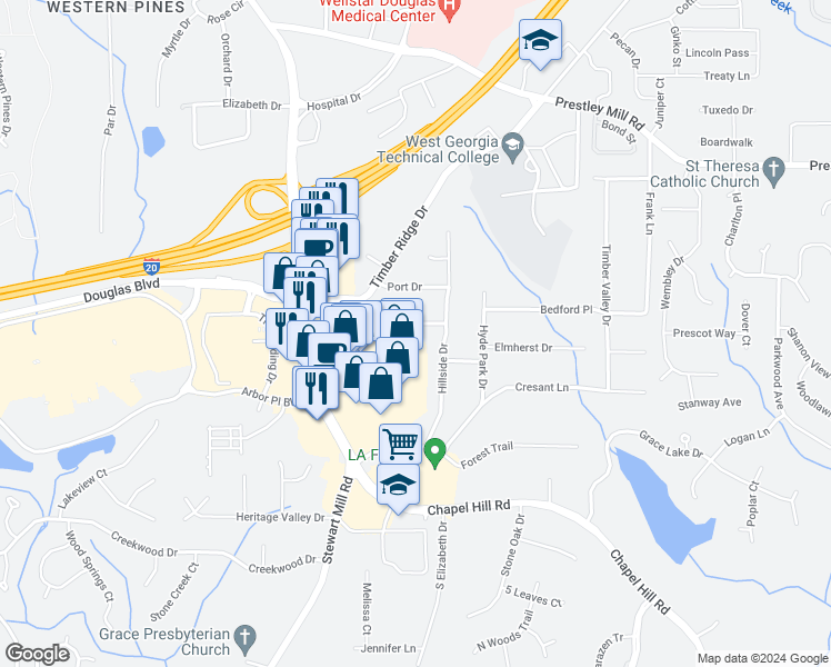 map of restaurants, bars, coffee shops, grocery stores, and more near 4819 Lehigh Drive in Douglasville