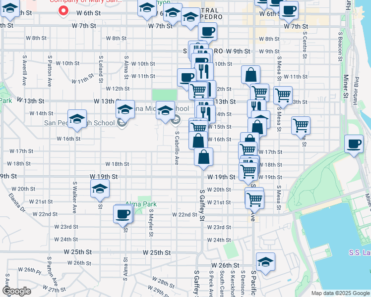 map of restaurants, bars, coffee shops, grocery stores, and more near 766 West 17th Street in San Pedro