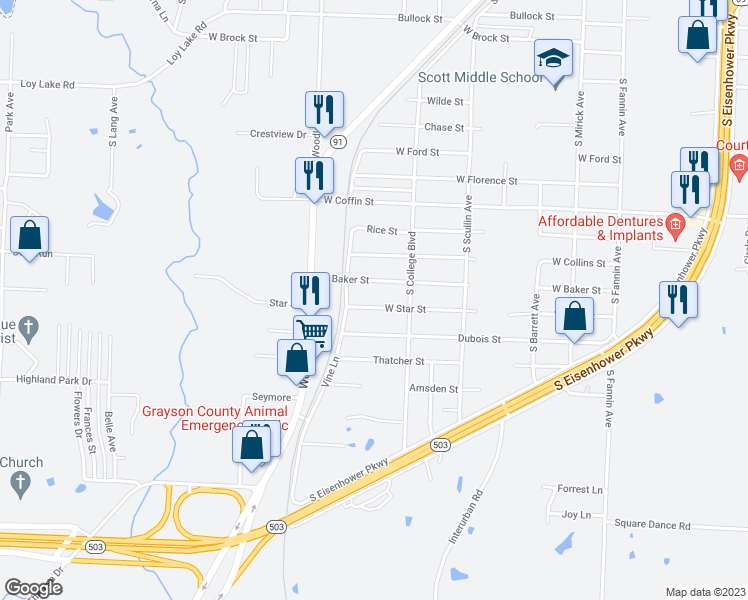 map of restaurants, bars, coffee shops, grocery stores, and more near 1035 West Star Street in Denison