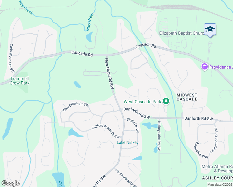 map of restaurants, bars, coffee shops, grocery stores, and more near 930 New Hope Road Southwest in Atlanta
