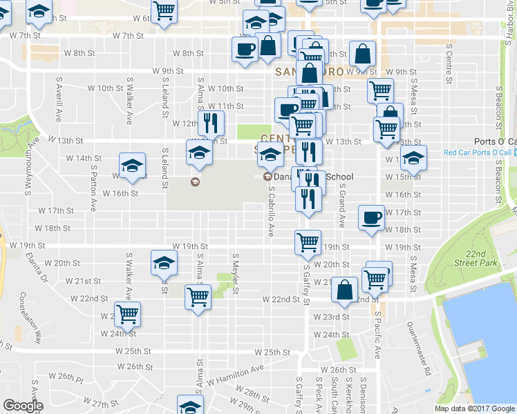 map of restaurants, bars, coffee shops, grocery stores, and more near 834 West 17th Street in Los Angeles