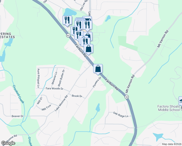 map of restaurants, bars, coffee shops, grocery stores, and more near 2810 Lake Monroe Road in Douglasville