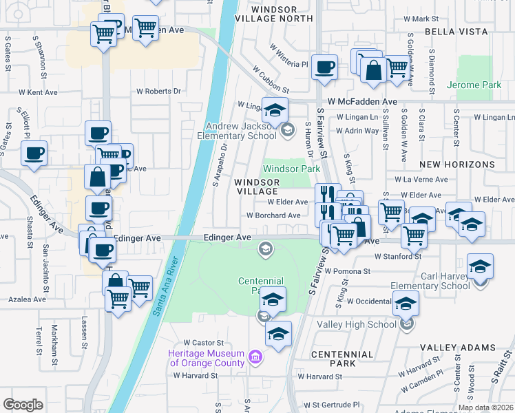 map of restaurants, bars, coffee shops, grocery stores, and more near 3028 W Elder Ave in Santa Ana