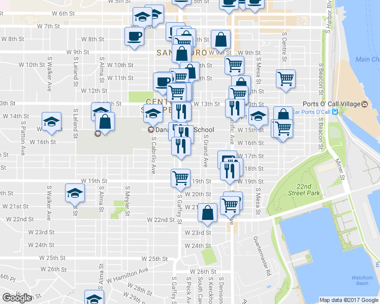 map of restaurants, bars, coffee shops, grocery stores, and more near 662 W 17th St in Los Angeles