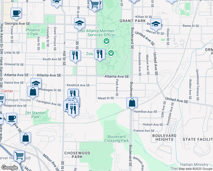 map of restaurants, bars, coffee shops, grocery stores, and more near 469 Kendrick Ave SE in Atlanta
