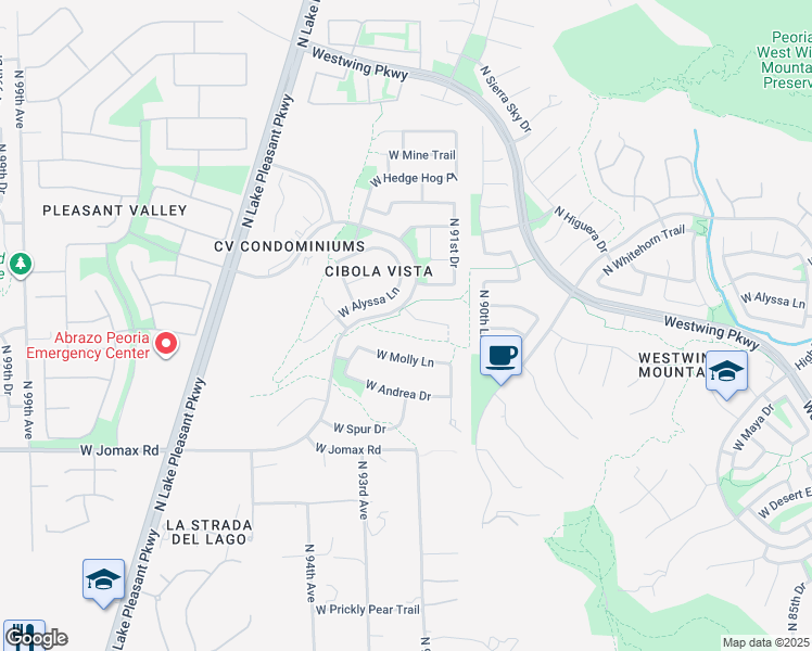 map of restaurants, bars, coffee shops, grocery stores, and more near 9237 West Bajada Road in Peoria