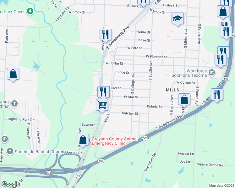 map of restaurants, bars, coffee shops, grocery stores, and more near 1047 West Star Street in Denison
