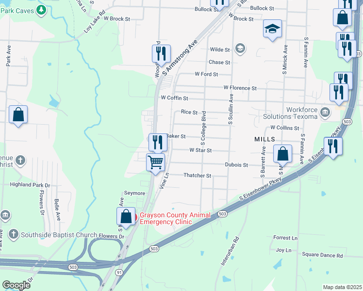 map of restaurants, bars, coffee shops, grocery stores, and more near 1047 West Star Street in Denison