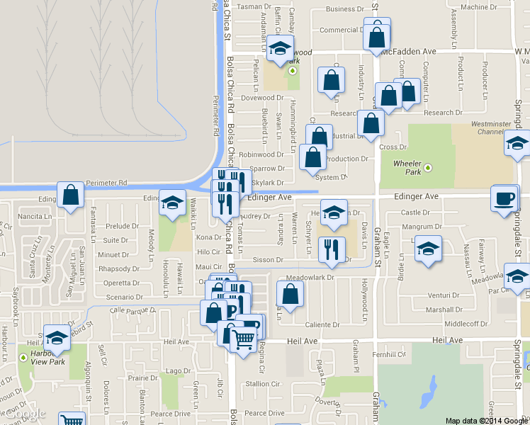 map of restaurants, bars, coffee shops, grocery stores, and more near 5111 Audrey Drive in Huntington Beach