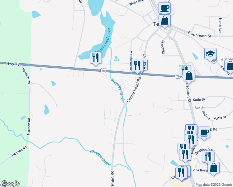 map of restaurants, bars, coffee shops, grocery stores, and more near 148 Sourwood Lane in Temple