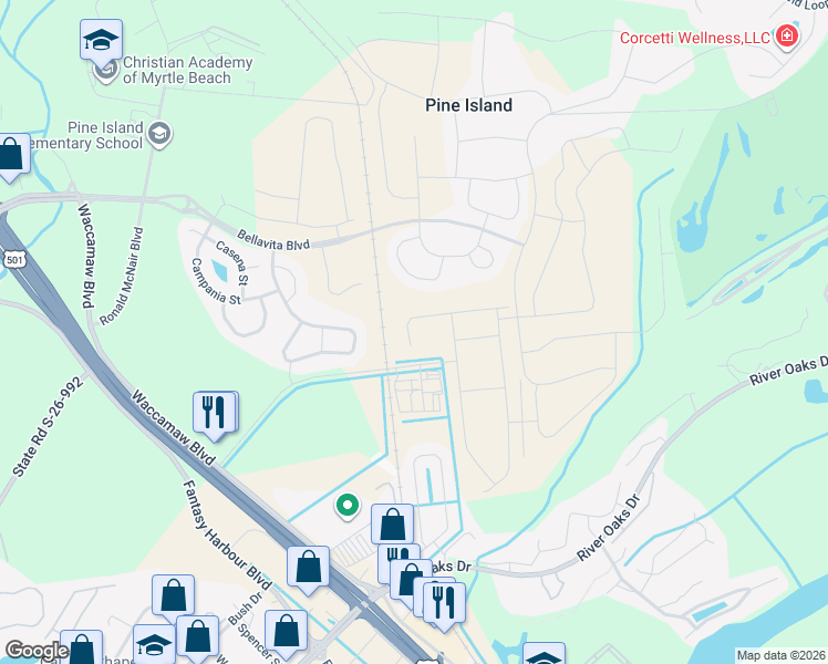 map of restaurants, bars, coffee shops, grocery stores, and more near 1090 Tidewater Road in Myrtle Beach
