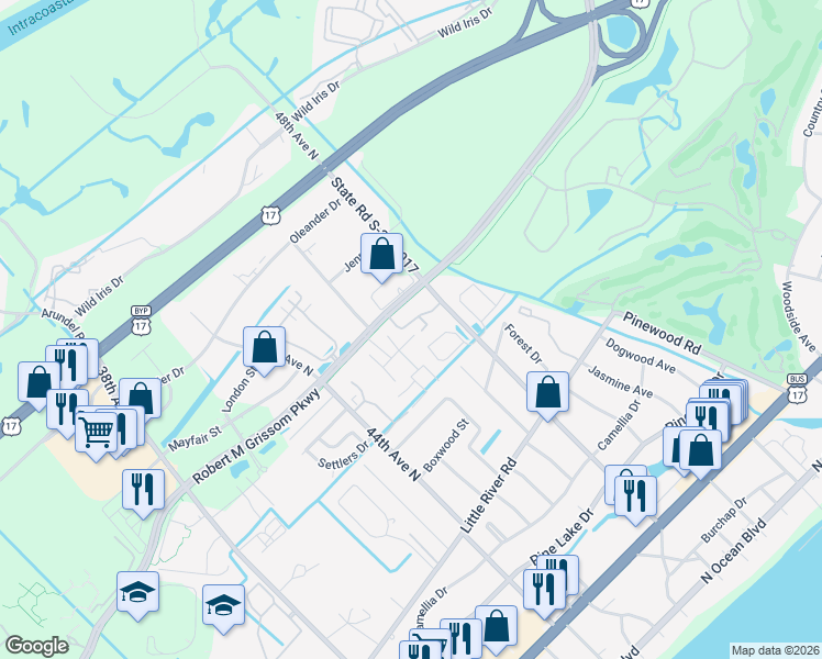 map of restaurants, bars, coffee shops, grocery stores, and more near 986 Antilles Court in Myrtle Beach