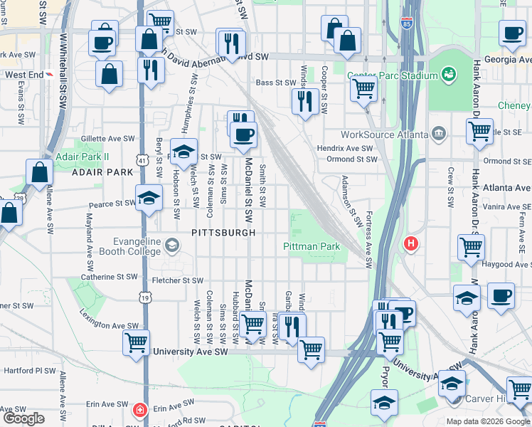 map of restaurants, bars, coffee shops, grocery stores, and more near 950 Smith Street Southwest in Atlanta
