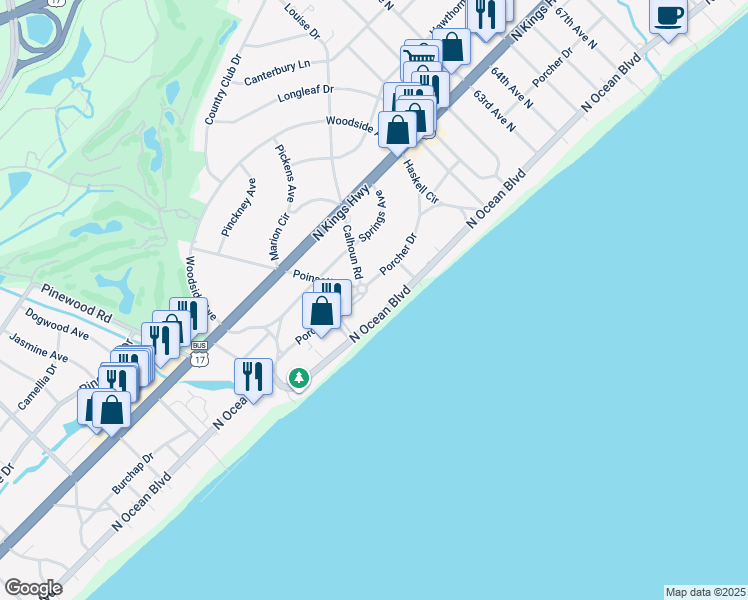 map of restaurants, bars, coffee shops, grocery stores, and more near 321 Poinsett Road in Myrtle Beach