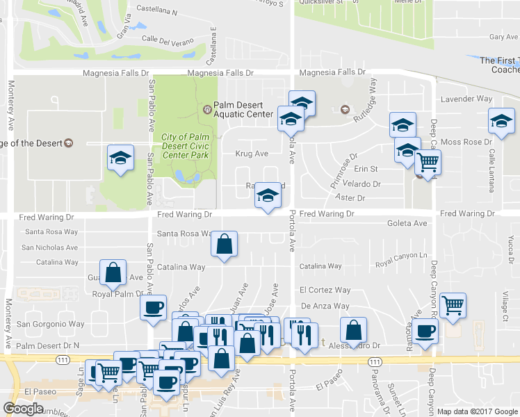 map of restaurants, bars, coffee shops, grocery stores, and more near 73860 Fred Waring Drive in Palm Desert