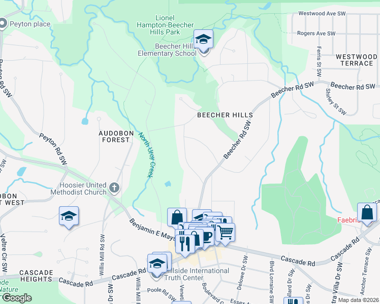 map of restaurants, bars, coffee shops, grocery stores, and more near 972 Mount Airy Drive Southwest in Atlanta