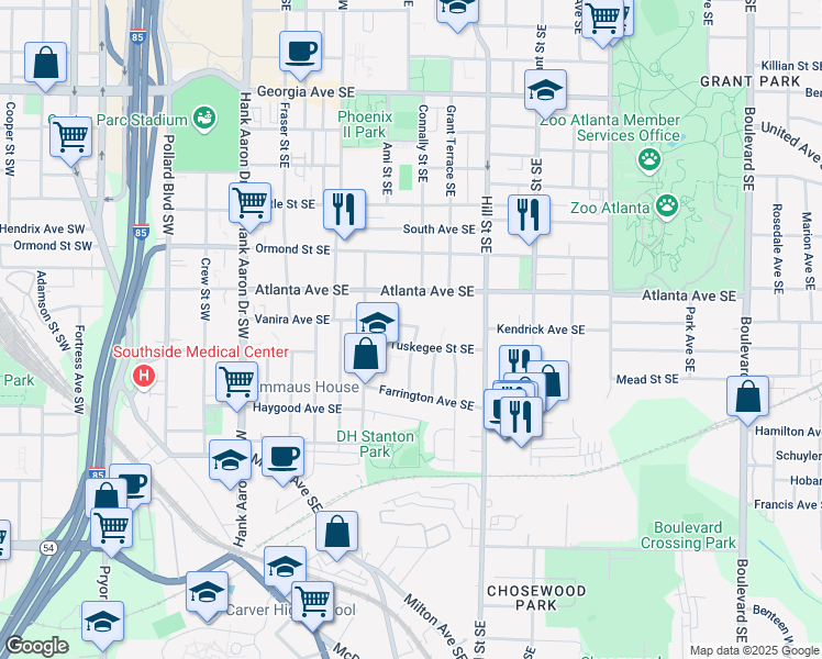 map of restaurants, bars, coffee shops, grocery stores, and more near 931 Connally Street Southeast in Atlanta