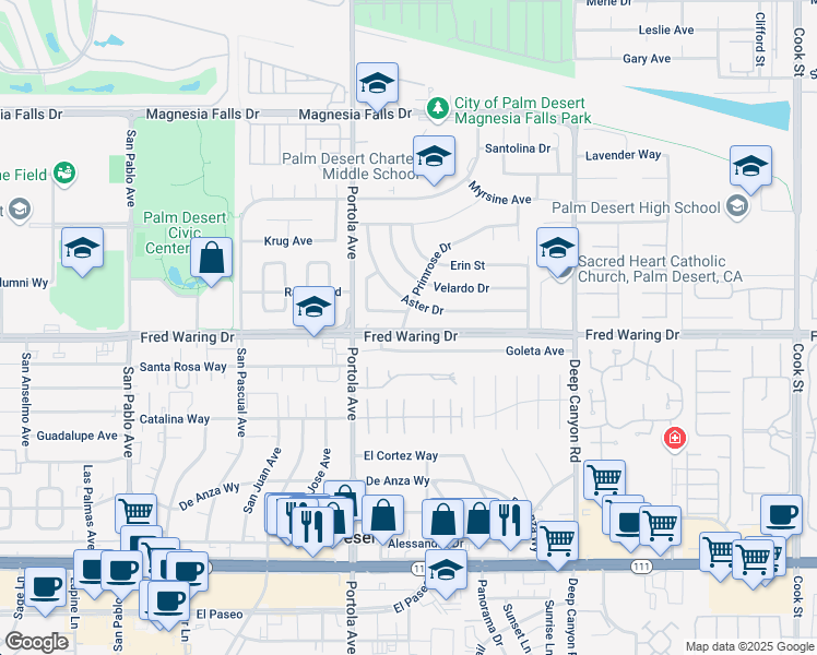map of restaurants, bars, coffee shops, grocery stores, and more near 74130 Fred Waring Drive in Palm Desert