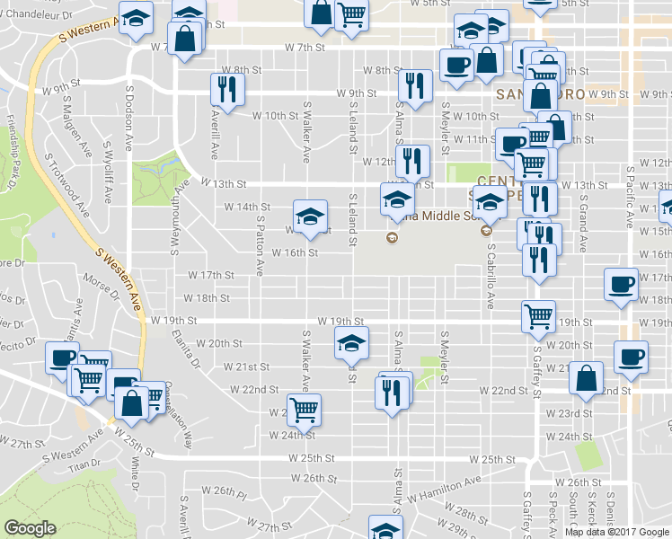 map of restaurants, bars, coffee shops, grocery stores, and more near 1134 West 17th Street in Los Angeles