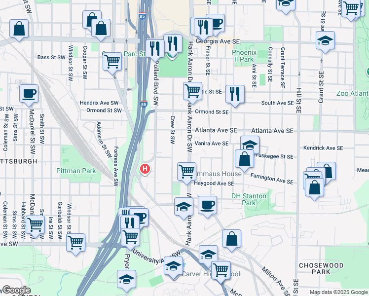 map of restaurants, bars, coffee shops, grocery stores, and more near 933 Hank Aaron Drive Southwest in Atlanta
