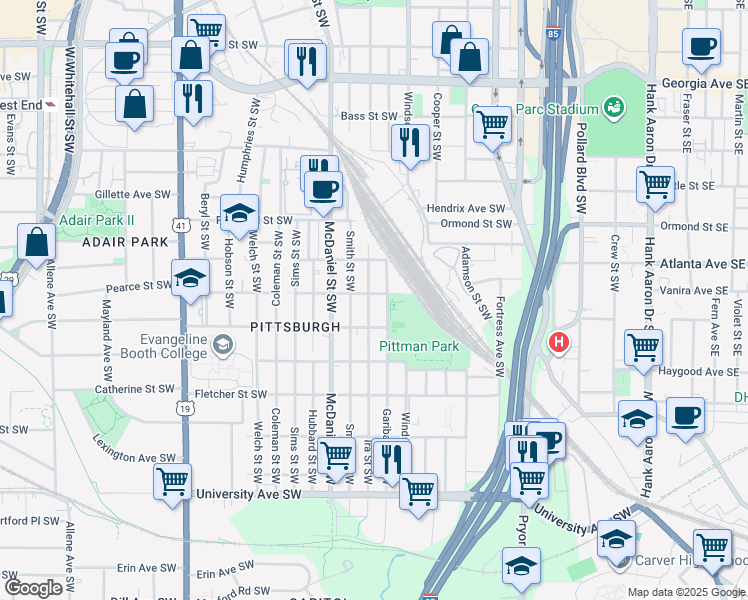 map of restaurants, bars, coffee shops, grocery stores, and more near 950 Smith Street Southwest in Atlanta