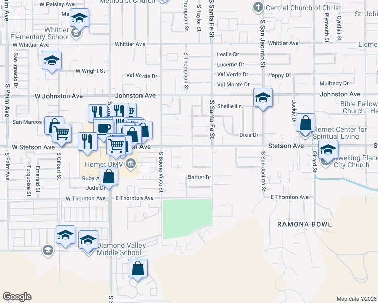 map of restaurants, bars, coffee shops, grocery stores, and more near 1115 South Thompson Street in Hemet