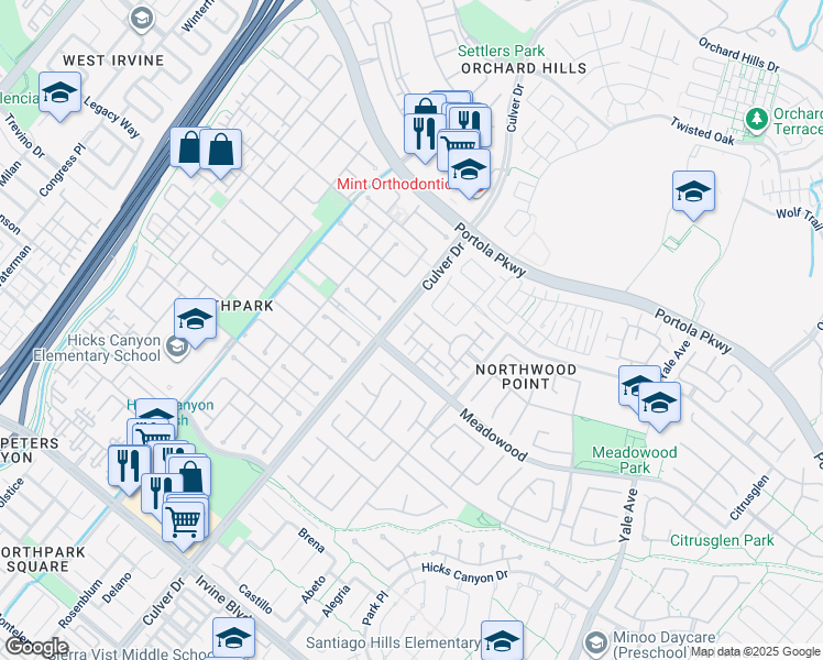 map of restaurants, bars, coffee shops, grocery stores, and more near 807 Yorkshire in Irvine
