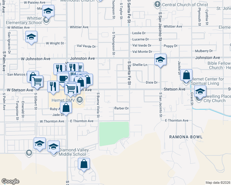 map of restaurants, bars, coffee shops, grocery stores, and more near 1115 South Thompson Street in Hemet