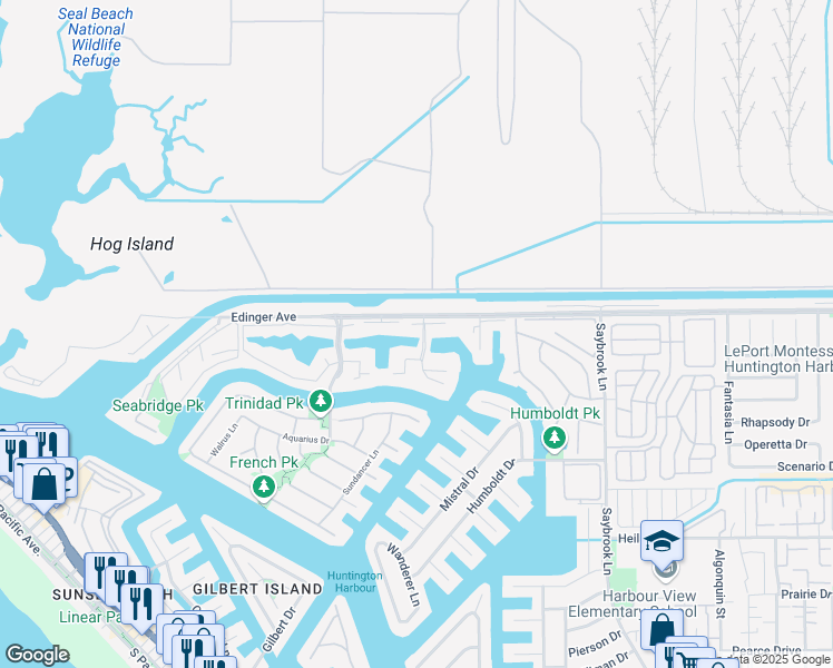 map of restaurants, bars, coffee shops, grocery stores, and more near 3832 Montego Drive in Huntington Beach