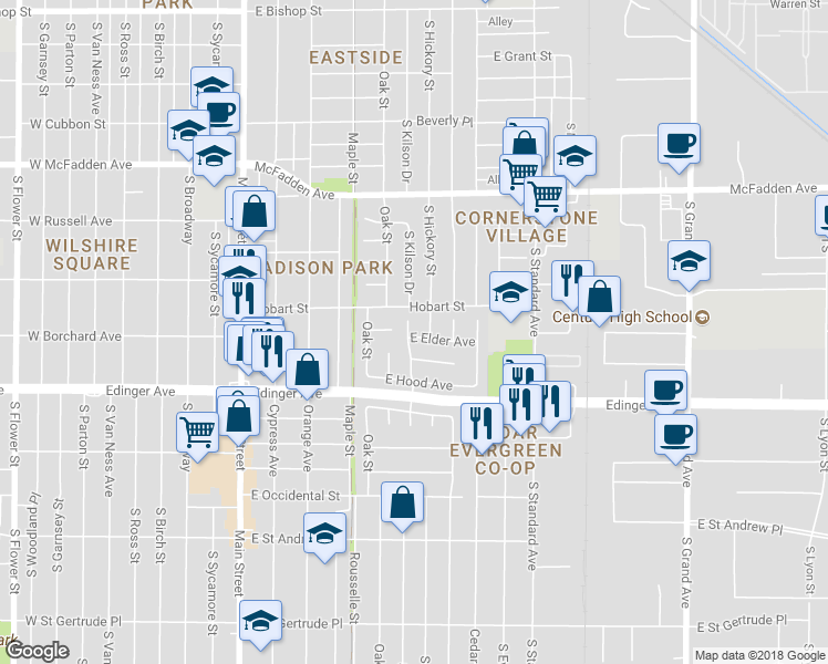 map of restaurants, bars, coffee shops, grocery stores, and more near 1417 South Kilson Drive in Santa Ana