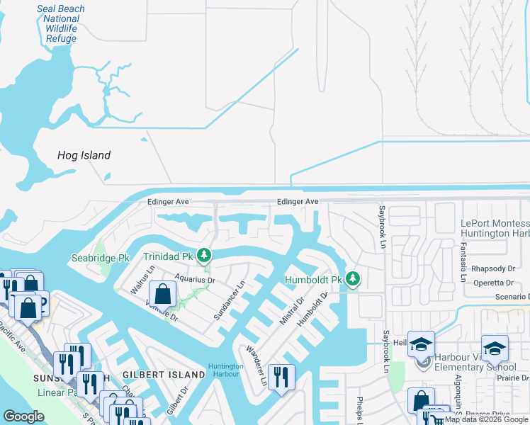 map of restaurants, bars, coffee shops, grocery stores, and more near 3832 Montego Drive in Huntington Beach