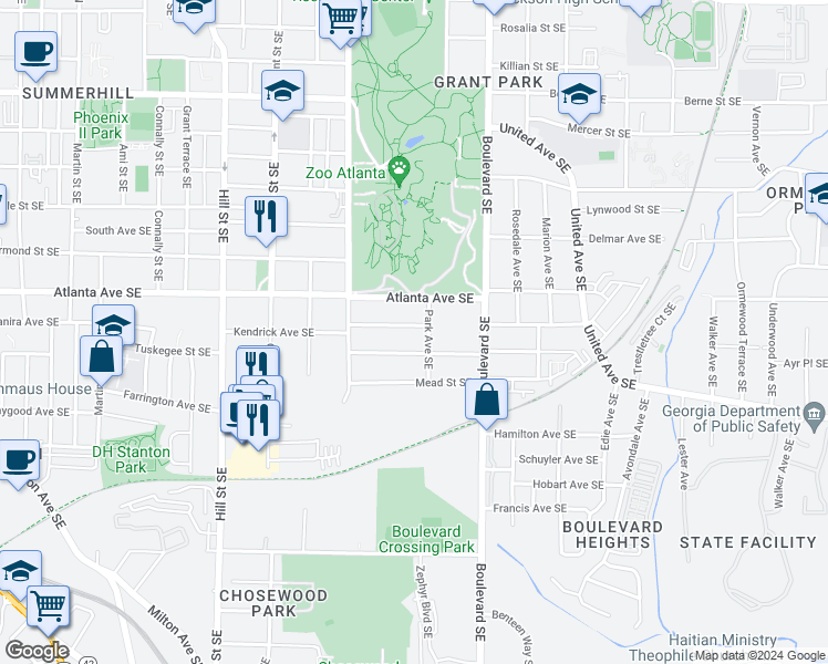 map of restaurants, bars, coffee shops, grocery stores, and more near 497 Kendrick Avenue Southeast in Atlanta